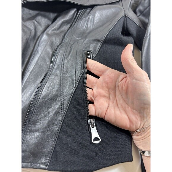 Andrew Marc Moto Felix Jacket Black Leather Small Pockets Knit Panels Gothcore - Picture 15 of 16